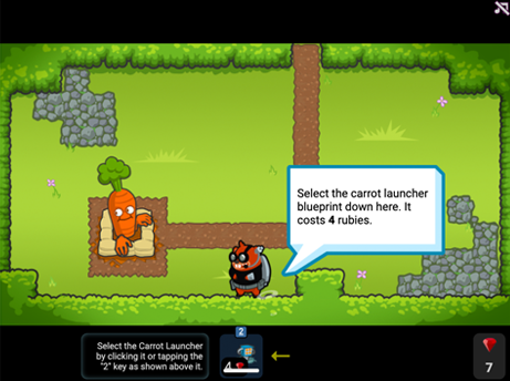 Game Over Gopher screenshot showing how to drag and place the Carrot Launcher on the board.