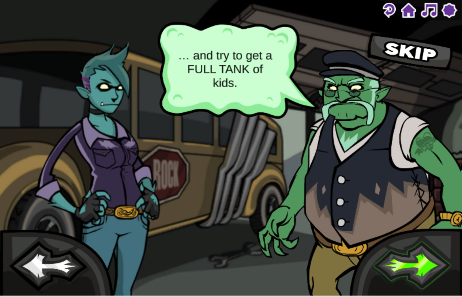 Monster School Bus introduction screenshot of two characters and the goal of the game.