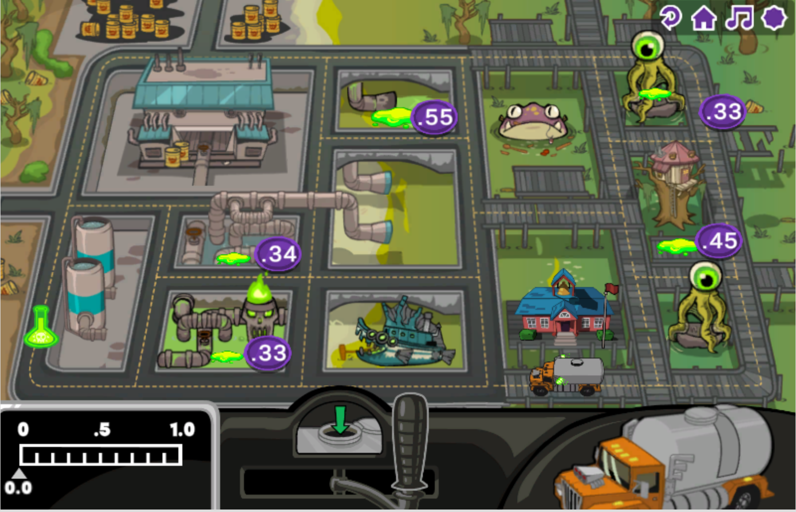 Monster School Bus screenshot of map of the town and the bus stops with the differently sized kids.
