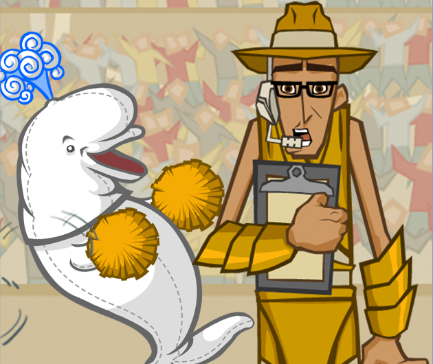Atlantean Dodgeball animation scene with coach and mascot